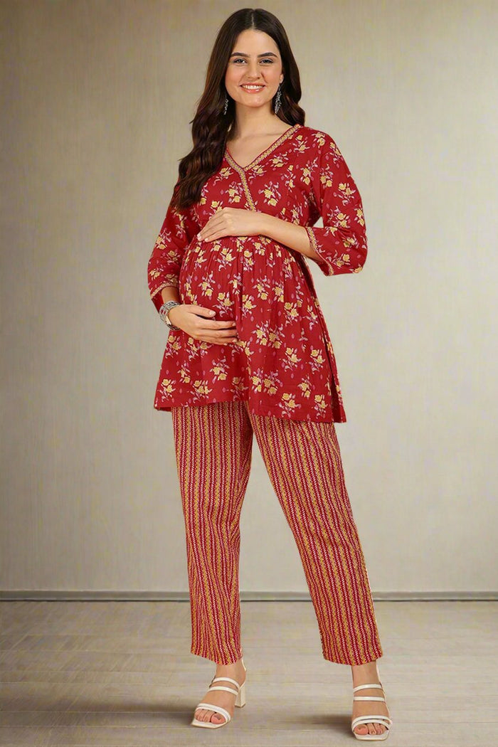 Red Floral Printed Pregnancy & Maternity Co-ord Set
