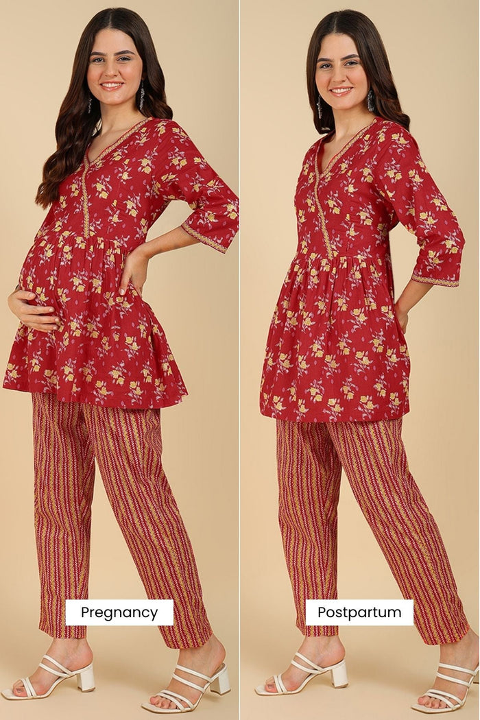 Maternity Red Floral Printed Maternity Co-Ord Set