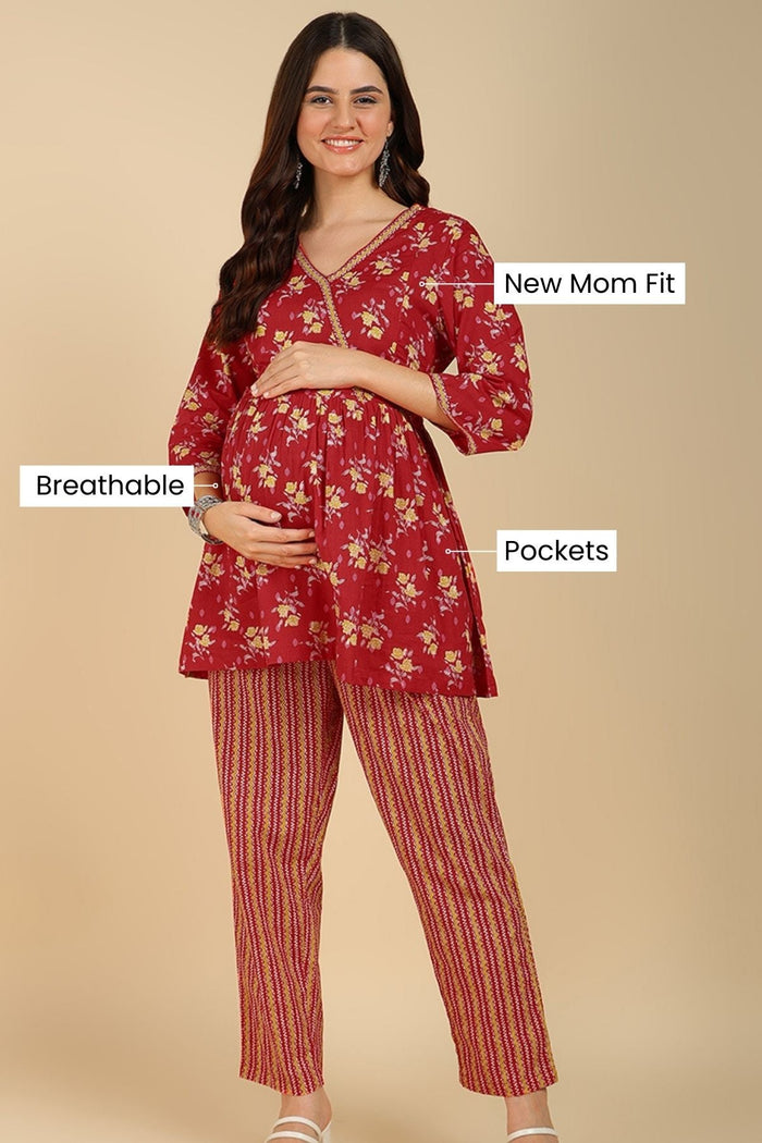 Pregnancy Red Floral Printed Maternity Co-Ord Set