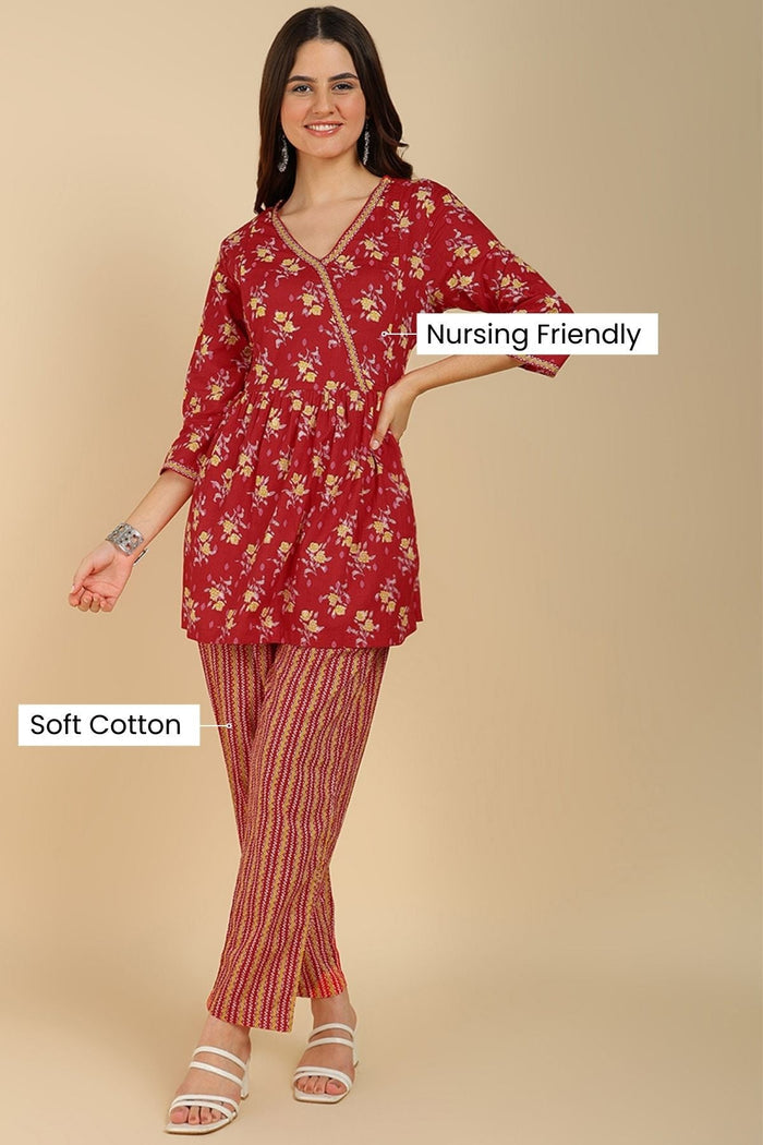 Red Floral Printed Maternity Co-Ord Set