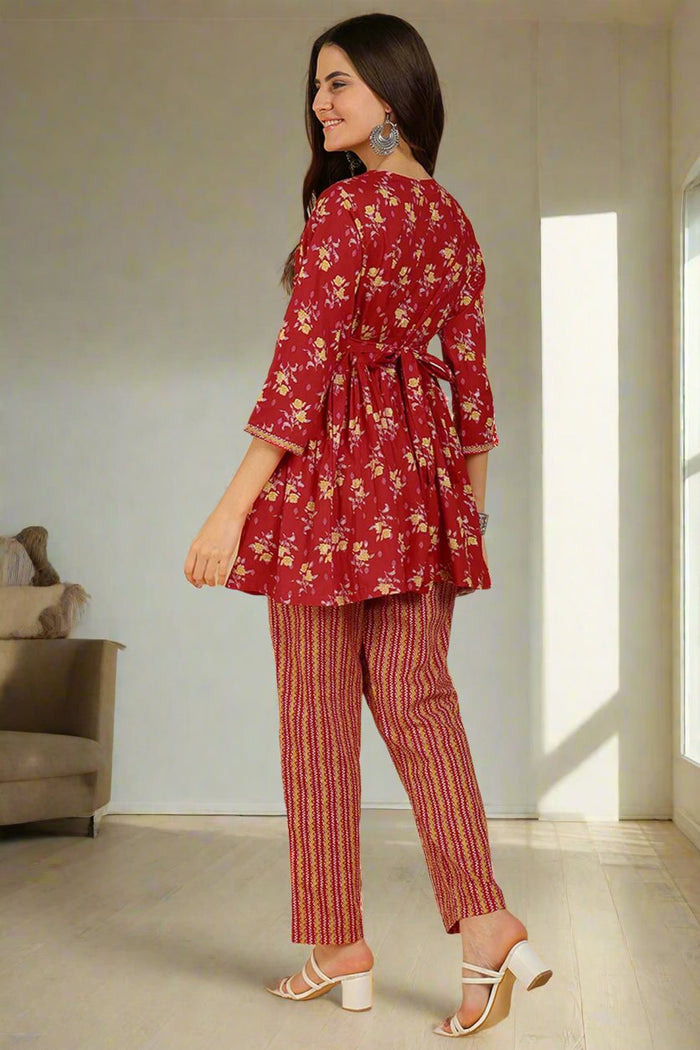 Red Floral Printed Maternity Co-Ord Set for Pregnancy