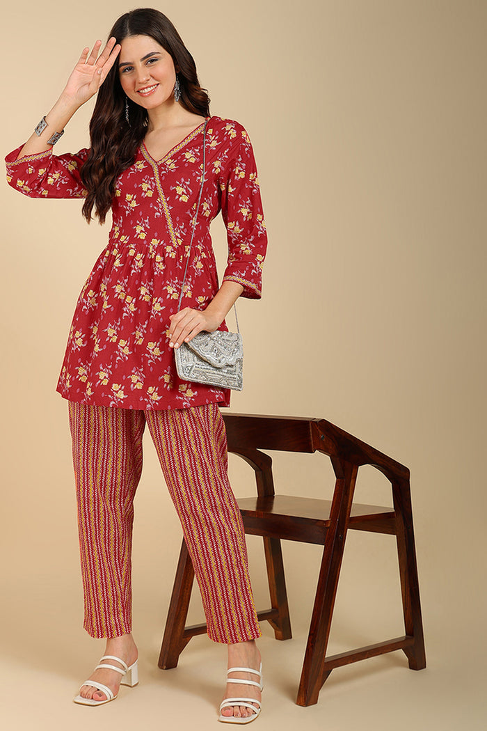 Red Floral Printed Maternity Co-Ord Set - Ideal