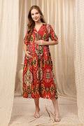 Red Floral Zipless Maternity Lapel Dress with Pockets Front View - Red Cotton Maternity Dress with Feeding Zips
