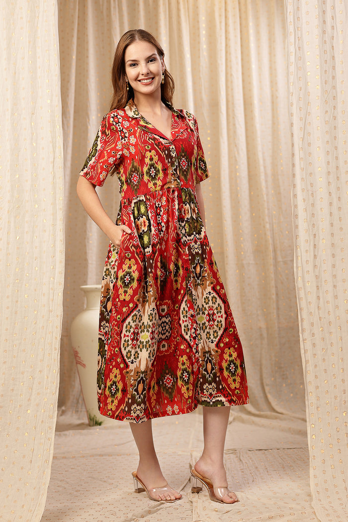 Woman wearing Red Floral Zipless Maternity Lapel Dress with Pockets in Red - Pre & Post Pregnancy