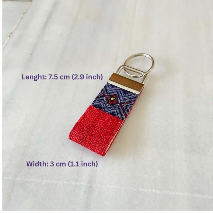 Vindigo keychain bright red embroidered lifestyle view with size measurement
