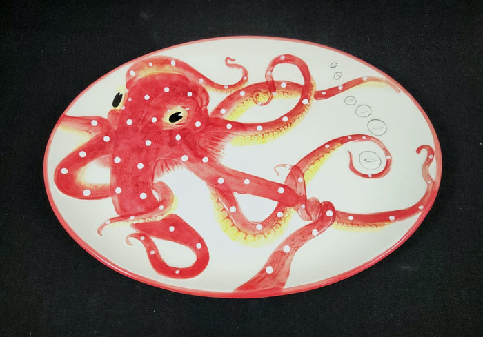 Red Octopus Platter Embossed Oval Serving Tray Ceramic Blue Sky 13.5"