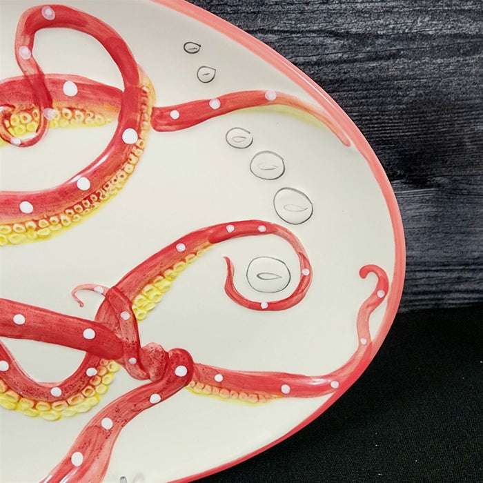 Red Octopus Platter Embossed Oval Serving Tray Ceramic Blue Sky 13.5"