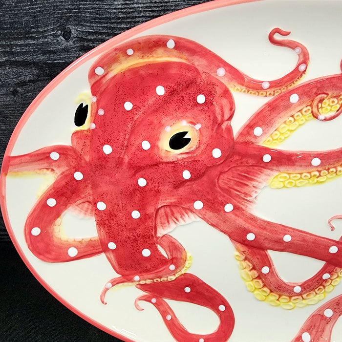 Red Octopus Platter Embossed Oval Serving Tray Ceramic Blue Sky 13.5"