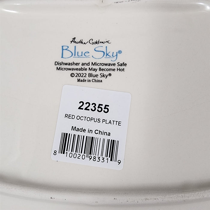 Red Octopus Platter Embossed Oval Serving Tray Ceramic Blue Sky 13.5"