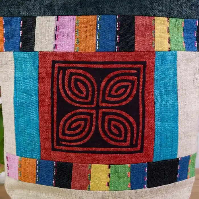 Vindigo shoulder bag teal hemp red spiral embroidery full front view