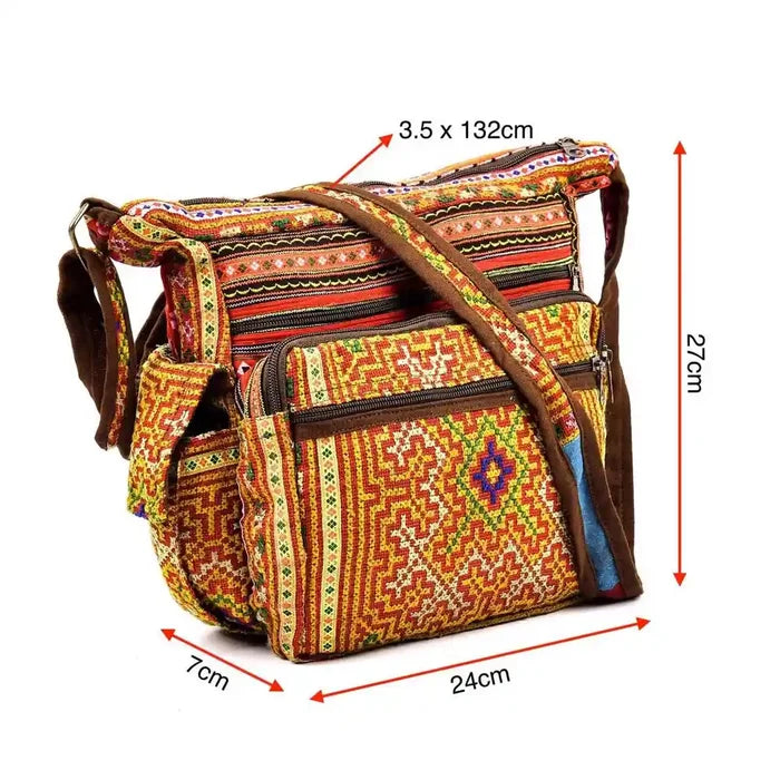Vindigo shoulder bag red linen tribal embroidery side view