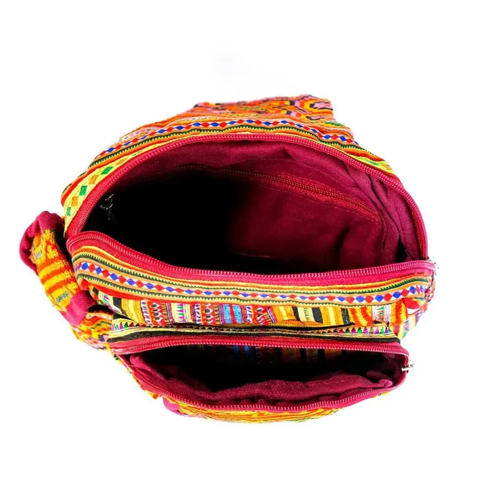 Vindigo crossbody yellow linen spiral tribal top opening