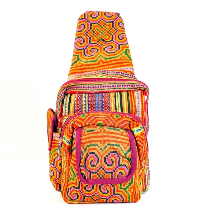 Vindigo crossbody yellow linen spiral tribal upright front