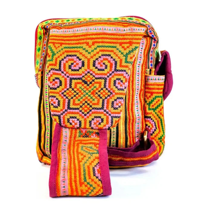 Vindigo crossbody yellow linen spiral tribal close-up front