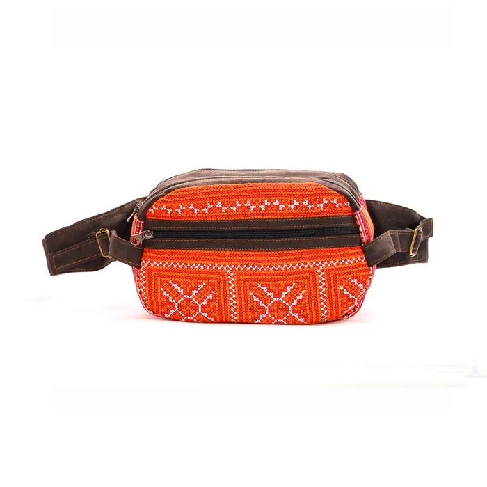 Vindigo faux leather trim waist bag with cross-stitch embroidery front view