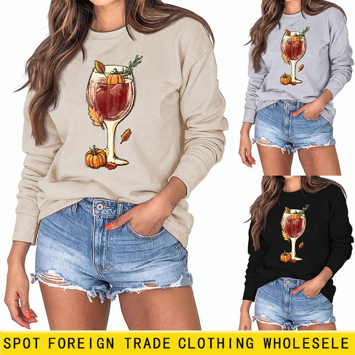 Red Wine Glass Pumpkin Printed Long Sleeve Loose Sweater