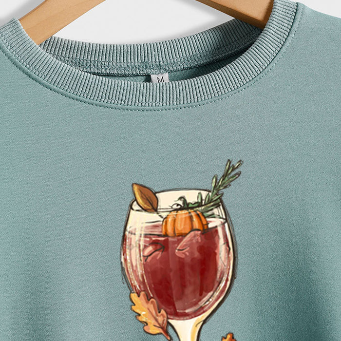 Red Wine Glass Pumpkin Printed Long Sleeve Loose Sweater