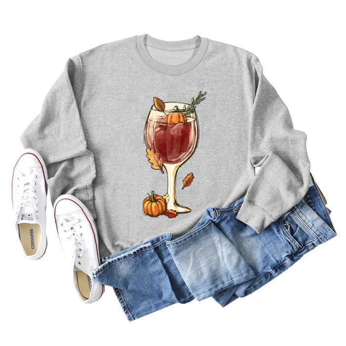 Red Wine Glass Pumpkin Printed Long Sleeve Loose Sweater