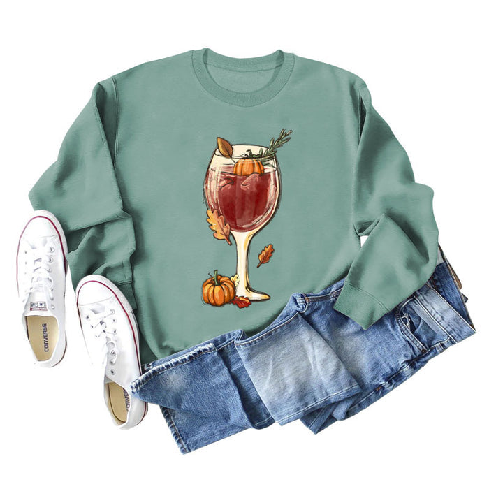 Red Wine Glass Pumpkin Printed Long Sleeve Loose Sweater