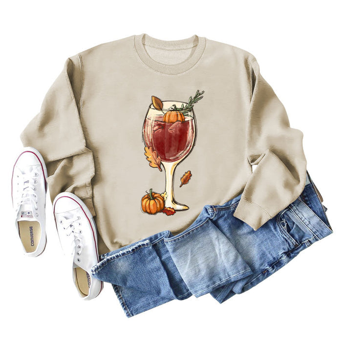 Red Wine Glass Pumpkin Printed Long Sleeve Loose Sweater