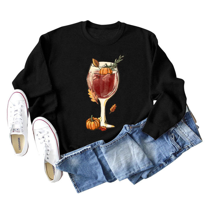 Red Wine Glass Pumpkin Printed Long Sleeve Loose Sweater