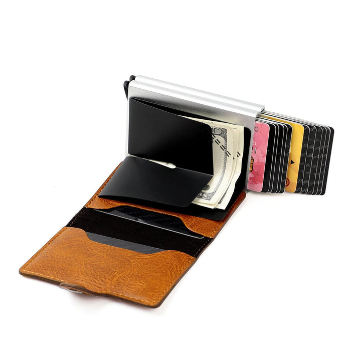 RFID Leather Wallet with Double Pop-up Aluminum Housings