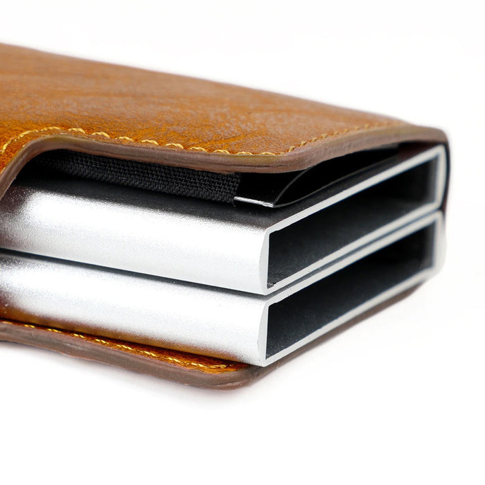 RFID Leather Wallet with Double Pop-up Aluminum Housings