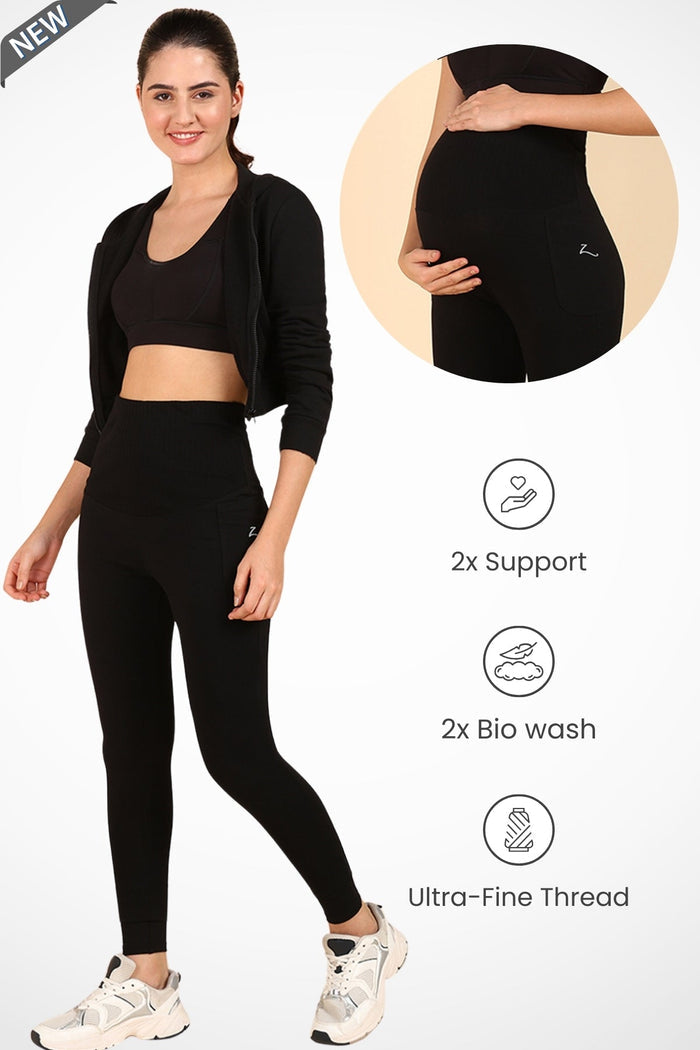 Ribbed Cotton Black Maternity Legging (Pregnancy & Postpartum) - House Of Zelena™