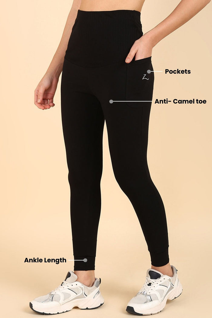 Ribbed Cotton Black Maternity Legging (Pregnancy & Postpartum) - House Of Zelena™