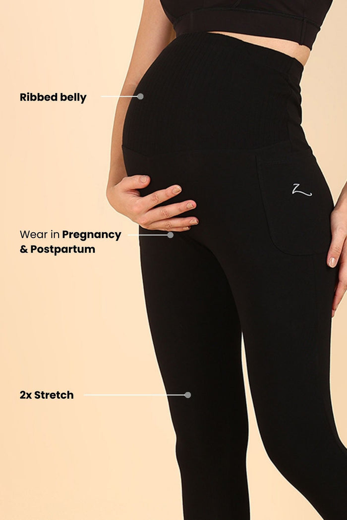 Ribbed Cotton Black Maternity Legging (Pregnancy & Postpartum) - House Of Zelena™