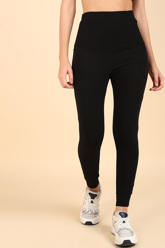Ribbed Cotton Black Maternity Legging (Pregnancy & Postpartum) - House Of Zelena™