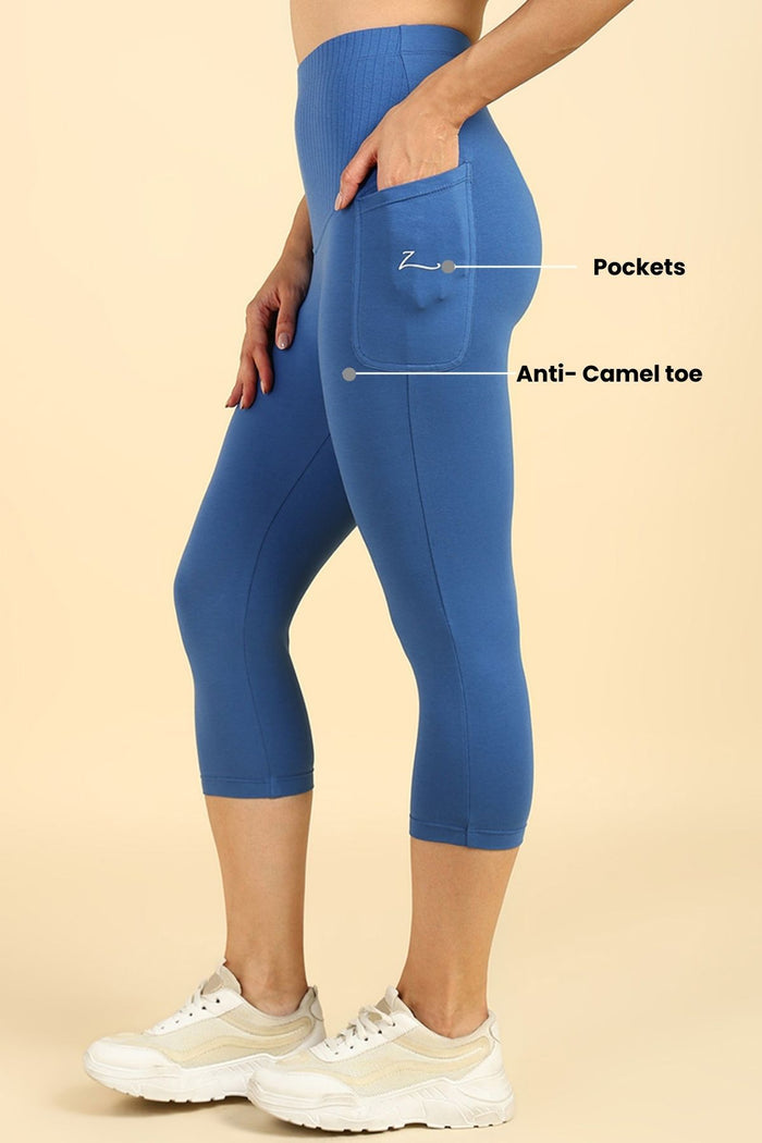 Blue Maternity Capri; supportive mid-section aids in gentle core recovery during the postpartum phase.