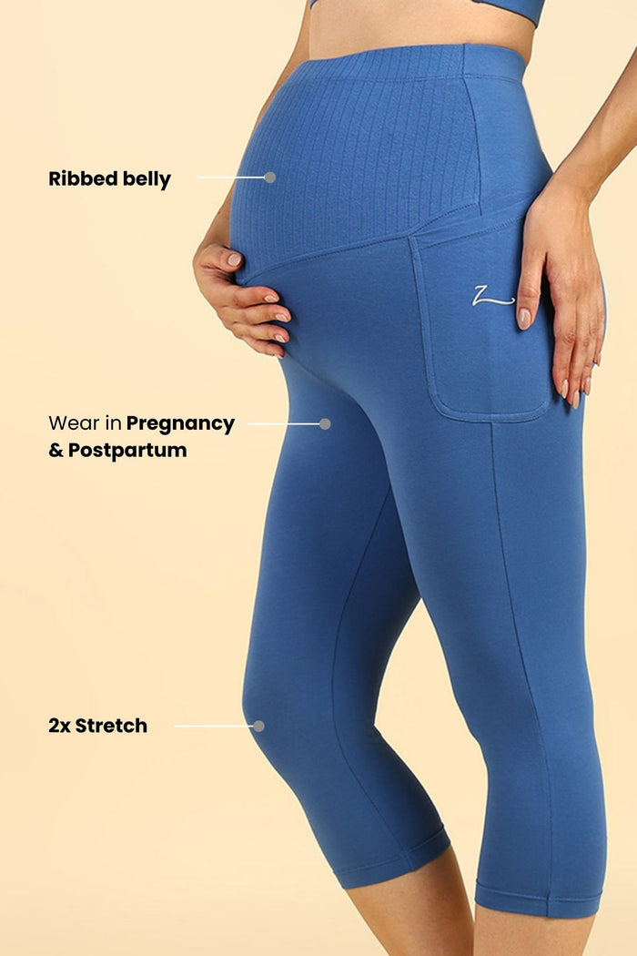 Close up of Ribbed Cotton Capri; texture provides stretch and breathable comfort for pregnant mothers.