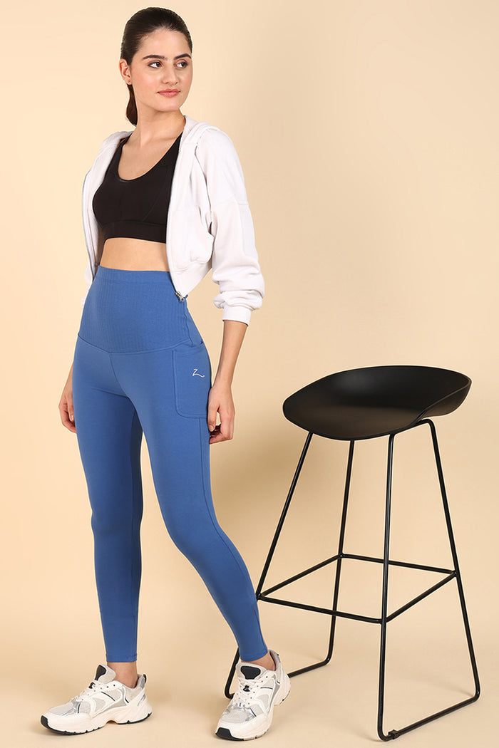 Blue Ribbed Cotton Legging; high waistband offers full over-the-belly coverage and support.