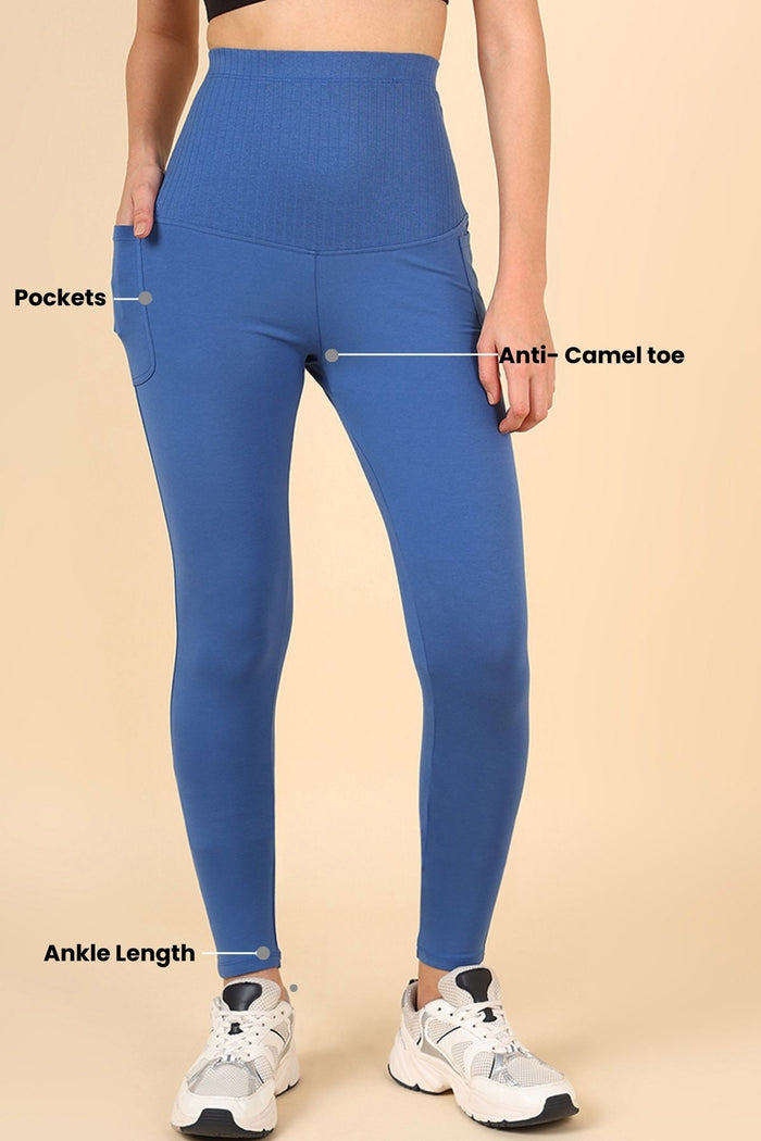 Blue Maternity Legging; supportive mid-section aids in gentle core recovery during the postpartum phase.