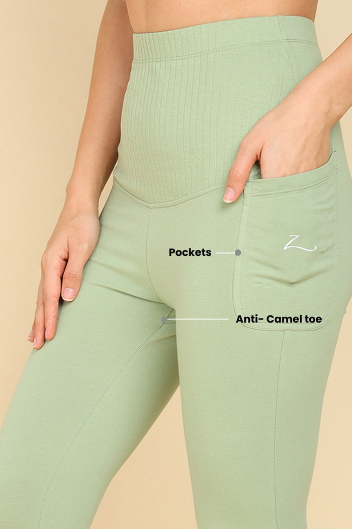 Pistachio Maternity Capri; supportive mid-section aids in gentle core recovery during the postpartum phase.