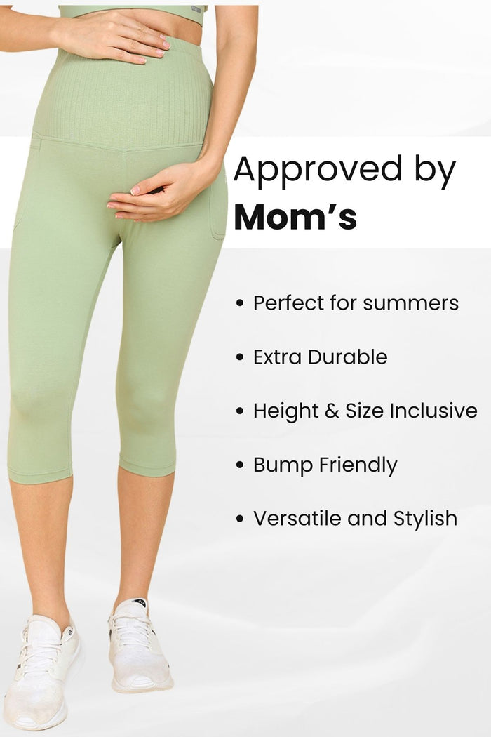 Pistachio Capri length; cropped fit provides cool comfort during the third trimester and beyond.