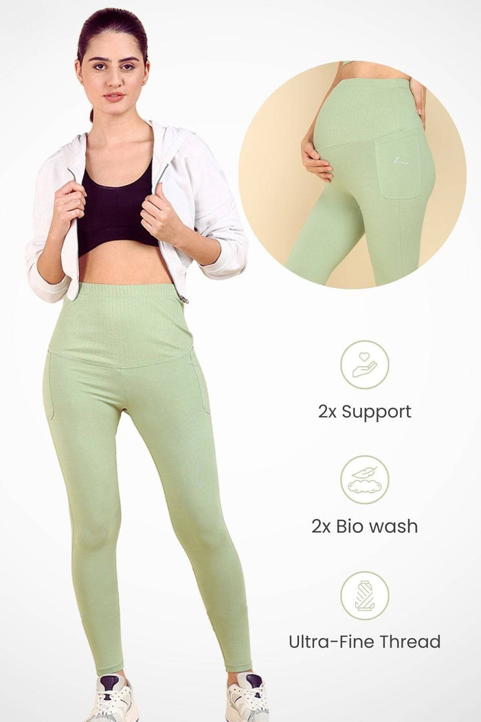 Pistachio Maternity Legging; supportive mid-section aids gentle core recovery during the postpartum phase.
