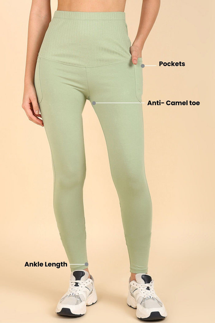 Close up of Ribbed Cotton Legging; texture provides durable stretch and breathable comfort.