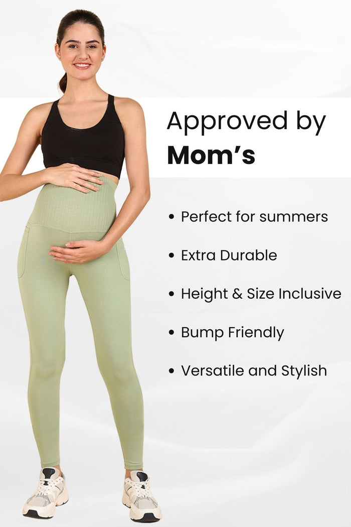 Back view of Pistachio Ribbed Legging; offers smooth shape and coverage for the maternity body.