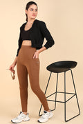 Melange Brown Ribbed Legging; high waistband offers full over-the-belly coverage and support.