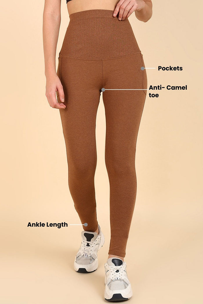 Brown Maternity Legging; supportive mid-section aids gentle core recovery during the postpartum phase.