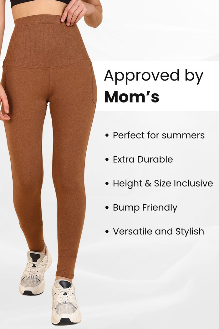 Back view of Brown Ribbed Legging; offers smooth shape and coverage for the maternity body.