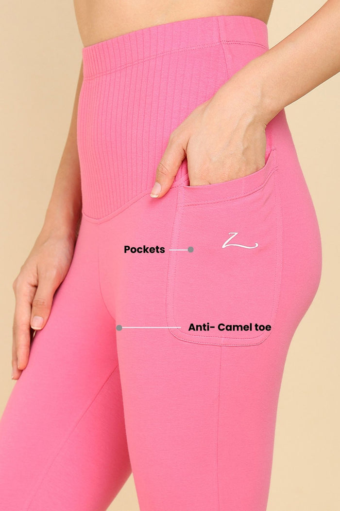 Pink Maternity Capri; supportive mid-section aids in gentle core recovery during the postpartum phase.