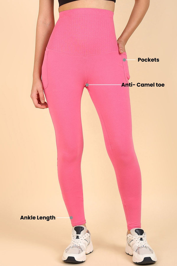 Pink Maternity Legging; supportive mid-section aids gentle core recovery during the postpartum phase.