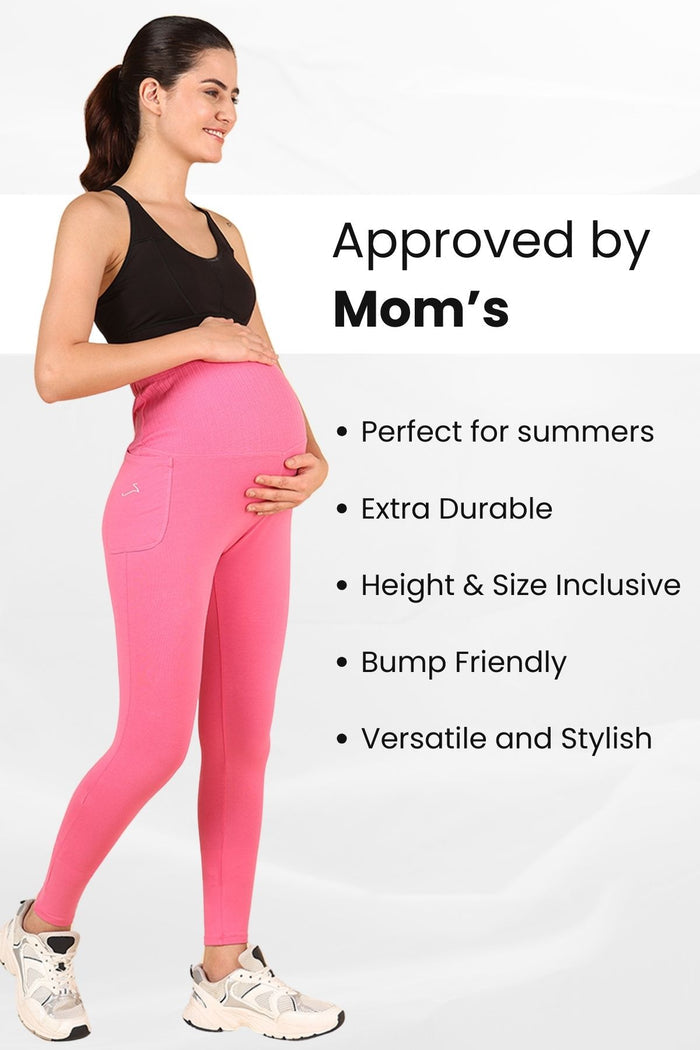 Pink Ribbed Legging full length; provides complete leg coverage and comfortable all-day fit.