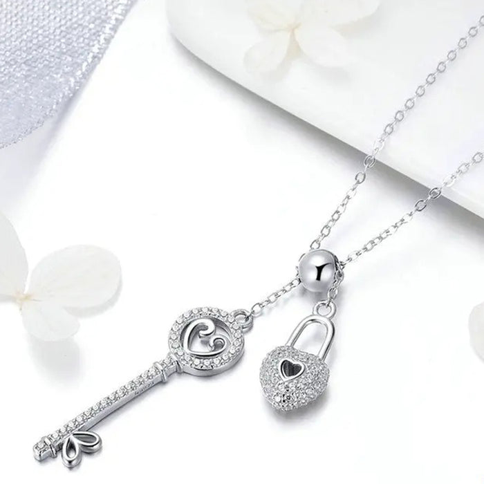Romantic 925 Sterling Silver Key of Heart Lock Chain Pendant Necklaces for Women Sterling Silver Jewelry Collar