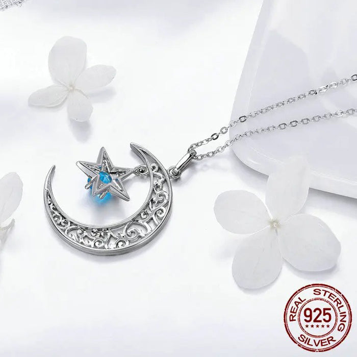 Romantic 925 Sterling Silver Sparkling Moon And Star Necklaces Pendants for Women Fashion Necklace Jewelry Gift
