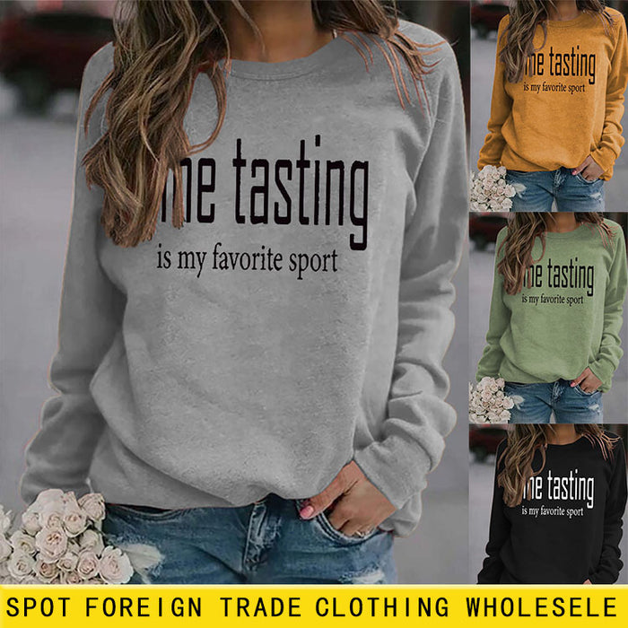 Round Neck Tops Long Sleeve WINE Tasting Print Loose Sweatshirt