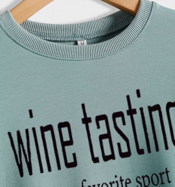 Round Neck Tops Long Sleeve WINE Tasting Print Loose Sweatshirt